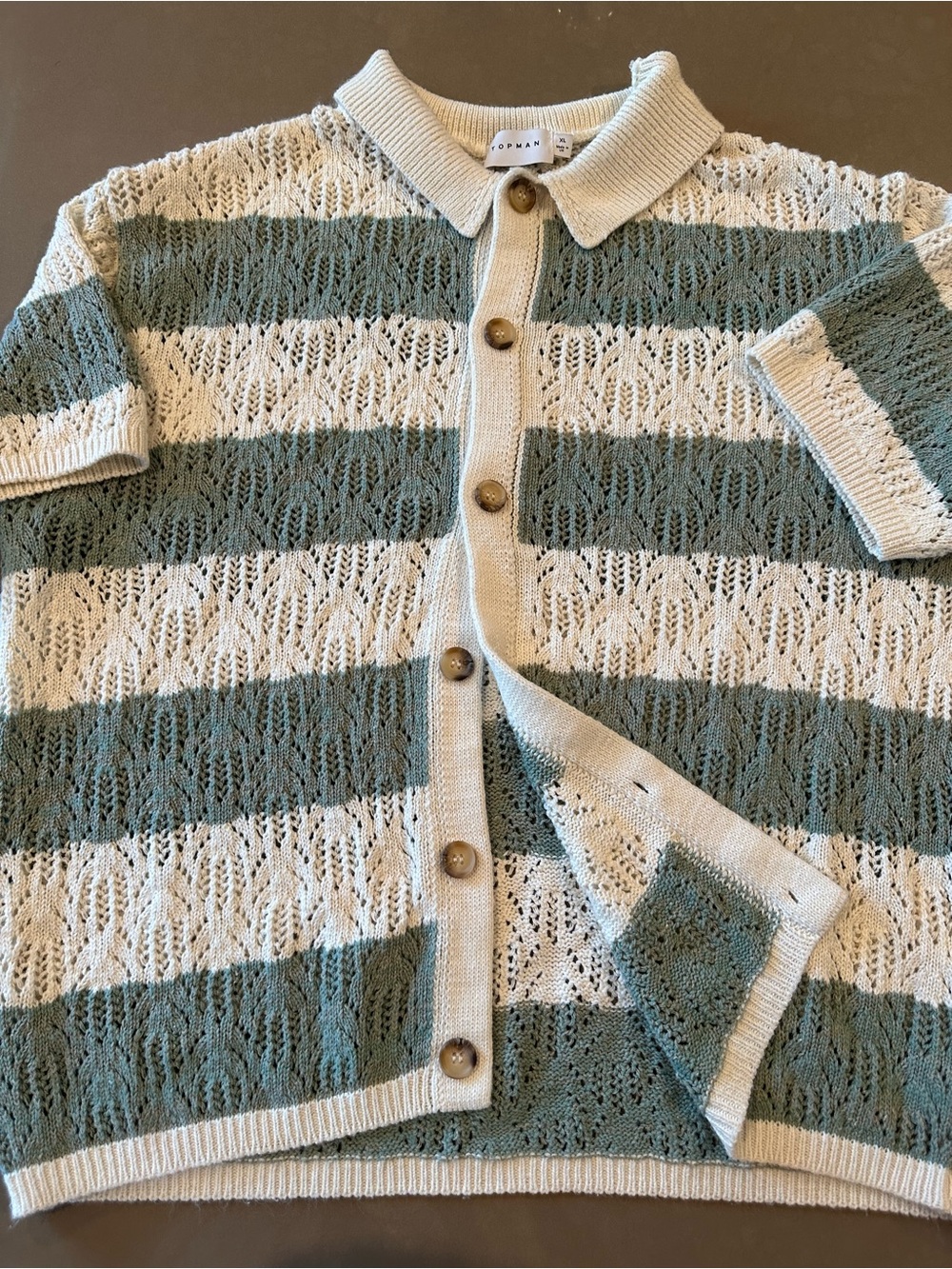 Topman Cream and Sage Striped Open-Knit Polo Cardigan